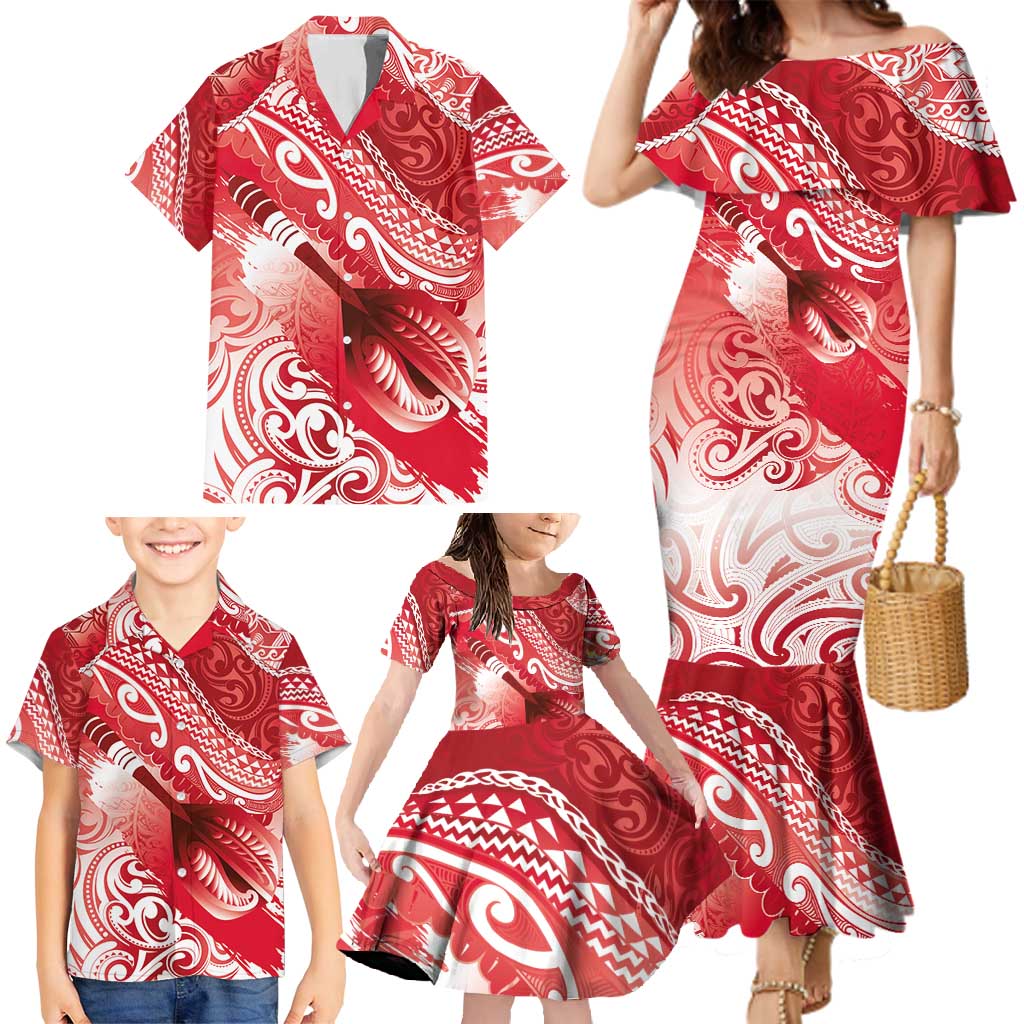 Personalised New Zealand Aotearoa Darts Masters Family Matching Mermaid Dress and Hawaiian Shirt Maori Art Tattoo with Tribal Dart Symbol Red LT03 - Polynesian Pride