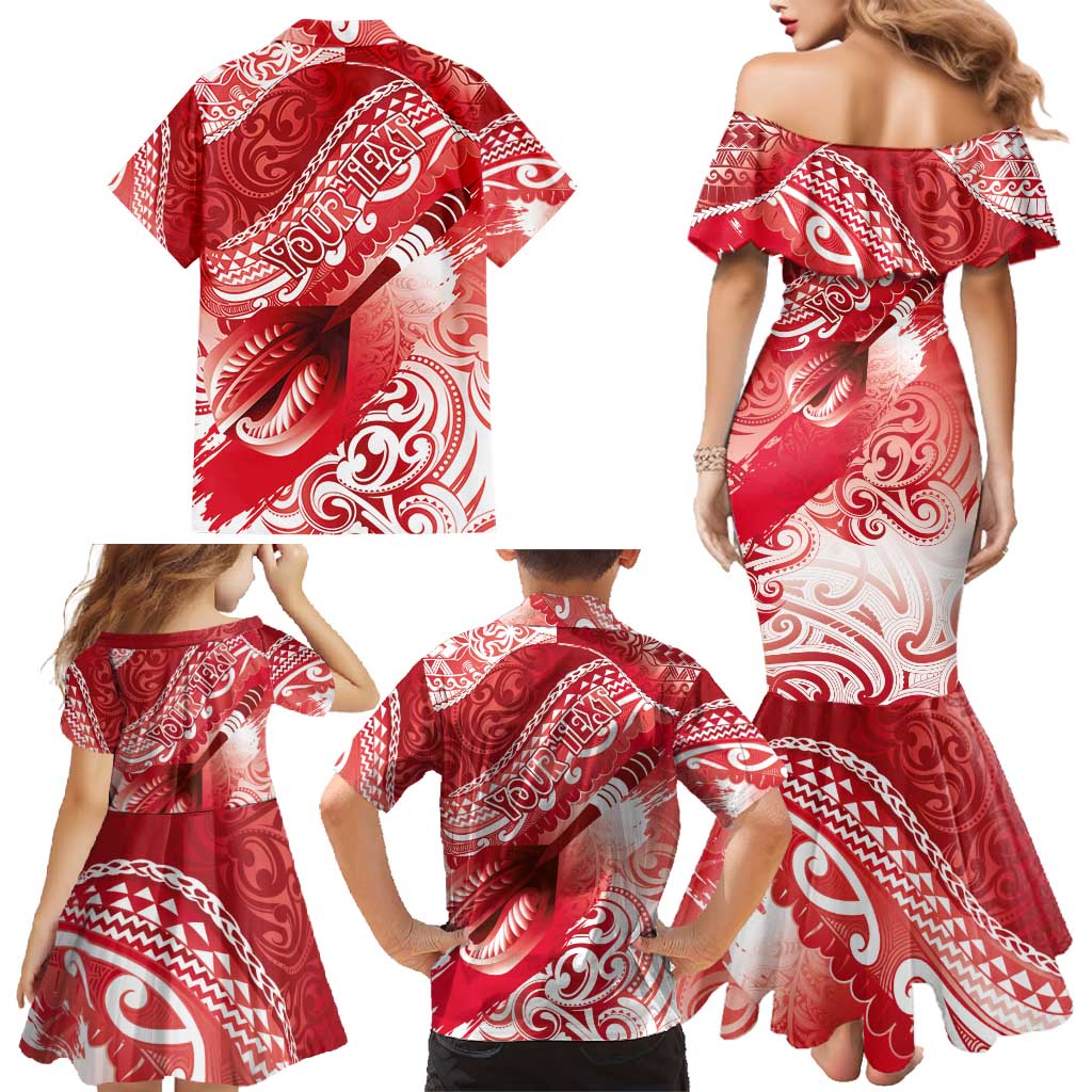 Personalised New Zealand Aotearoa Darts Masters Family Matching Mermaid Dress and Hawaiian Shirt Maori Art Tattoo with Tribal Dart Symbol Red LT03 - Polynesian Pride