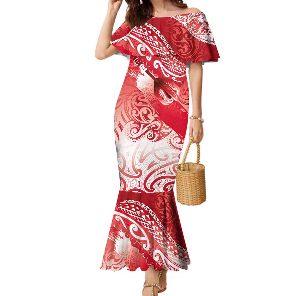 Personalised New Zealand Aotearoa Darts Masters Family Matching Mermaid Dress and Hawaiian Shirt Maori Art Tattoo with Tribal Dart Symbol Red LT03 Mom's Dress Red - Polynesian Pride