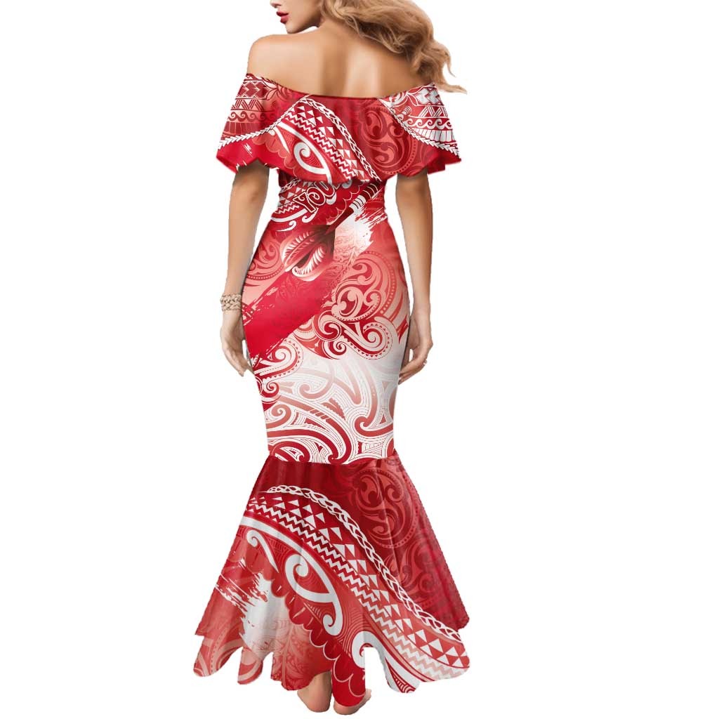 Personalised New Zealand Aotearoa Darts Masters Family Matching Mermaid Dress and Hawaiian Shirt Maori Art Tattoo with Tribal Dart Symbol Red LT03 - Polynesian Pride