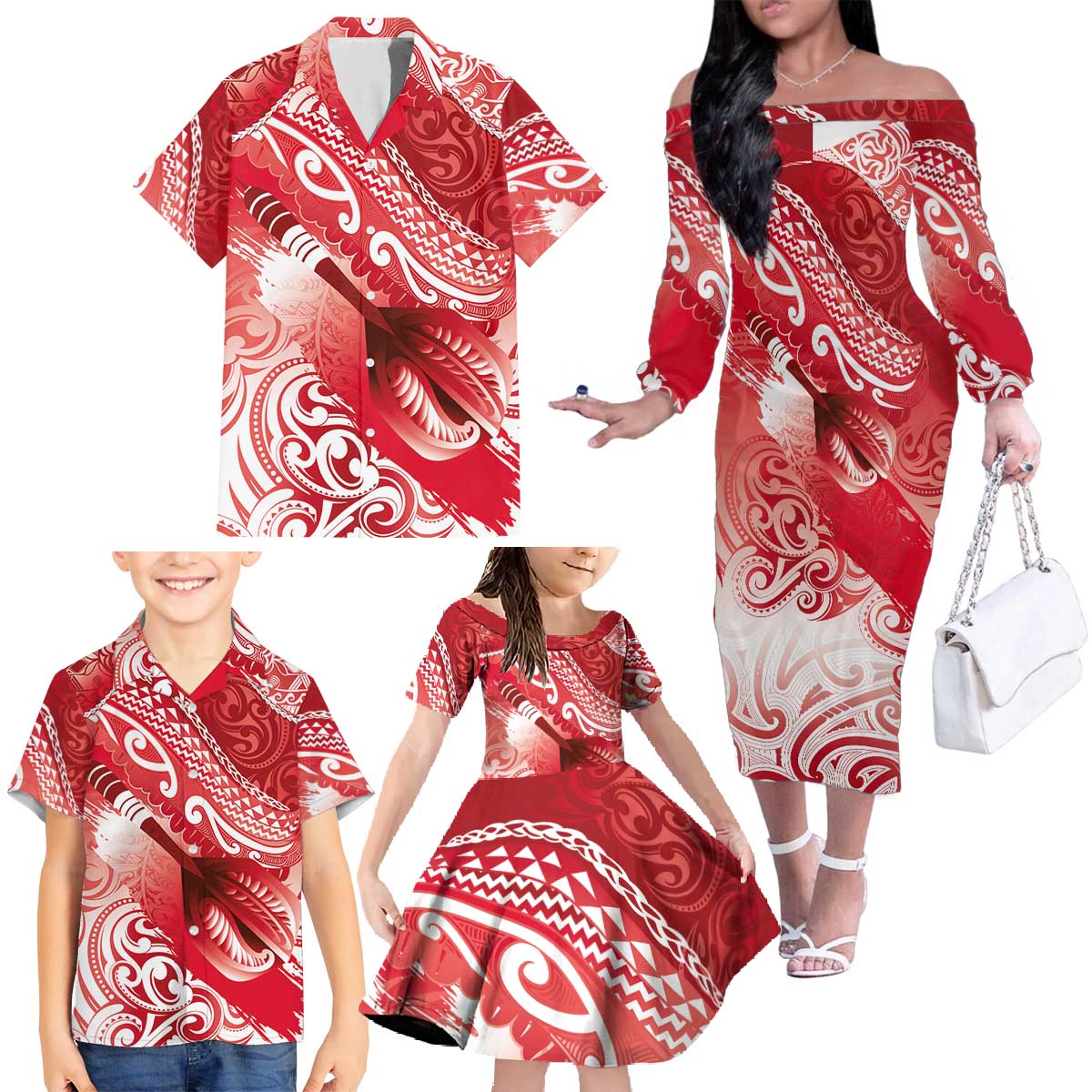 Personalised New Zealand Aotearoa Darts Masters Family Matching Off The Shoulder Long Sleeve Dress and Hawaiian Shirt Maori Art Tattoo with Tribal Dart Symbol Red LT03 - Polynesian Pride