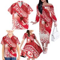 Personalised New Zealand Aotearoa Darts Masters Family Matching Off The Shoulder Long Sleeve Dress and Hawaiian Shirt Maori Art Tattoo with Tribal Dart Symbol Red LT03 - Polynesian Pride