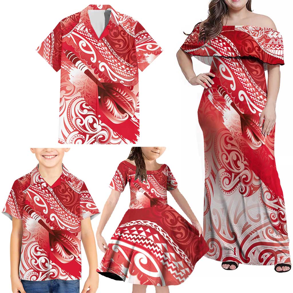 Personalised New Zealand Aotearoa Darts Masters Family Matching Off Shoulder Maxi Dress and Hawaiian Shirt Maori Art Tattoo with Tribal Dart Symbol Red LT03 - Polynesian Pride