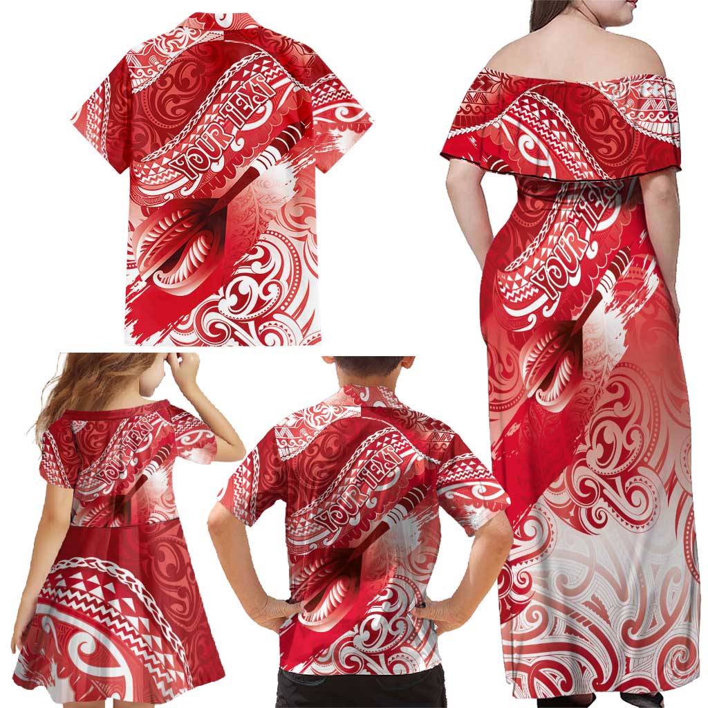 Personalised New Zealand Aotearoa Darts Masters Family Matching Off Shoulder Maxi Dress and Hawaiian Shirt Maori Art Tattoo with Tribal Dart Symbol Red LT03 - Polynesian Pride