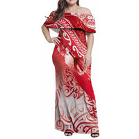 Personalised New Zealand Aotearoa Darts Masters Family Matching Off Shoulder Maxi Dress and Hawaiian Shirt Maori Art Tattoo with Tribal Dart Symbol Red LT03 Mom's Dress Red - Polynesian Pride