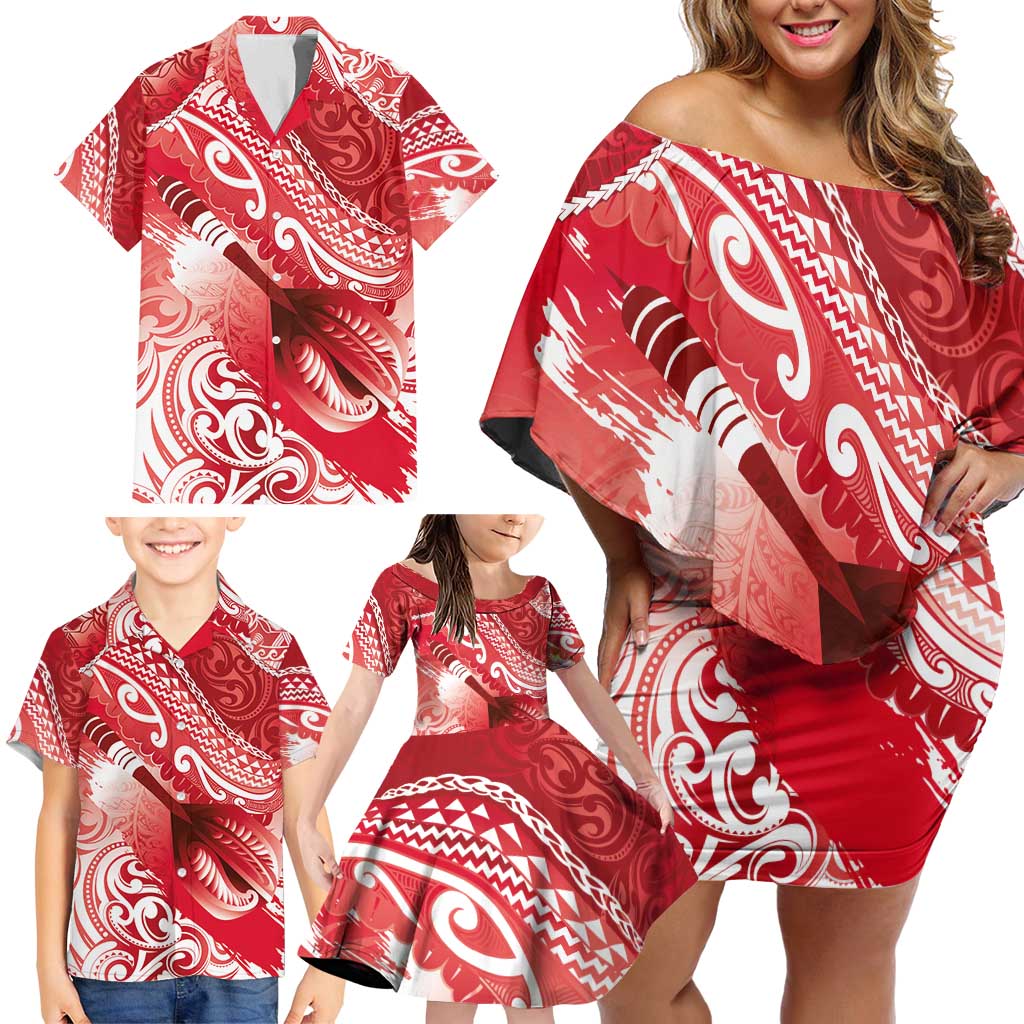 Personalised New Zealand Aotearoa Darts Masters Family Matching Off Shoulder Short Dress and Hawaiian Shirt Maori Art Tattoo with Tribal Dart Symbol Red LT03 - Polynesian Pride