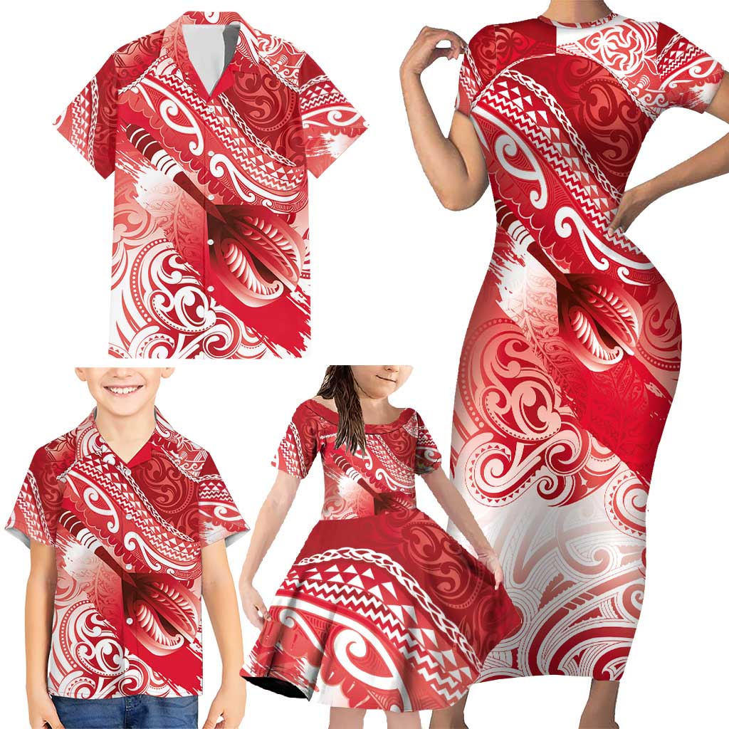 Personalised New Zealand Aotearoa Darts Masters Family Matching Short Sleeve Bodycon Dress and Hawaiian Shirt Maori Art Tattoo with Tribal Dart Symbol Red LT03 - Polynesian Pride