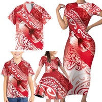 Personalised New Zealand Aotearoa Darts Masters Family Matching Short Sleeve Bodycon Dress and Hawaiian Shirt Maori Art Tattoo with Tribal Dart Symbol Red LT03 - Polynesian Pride