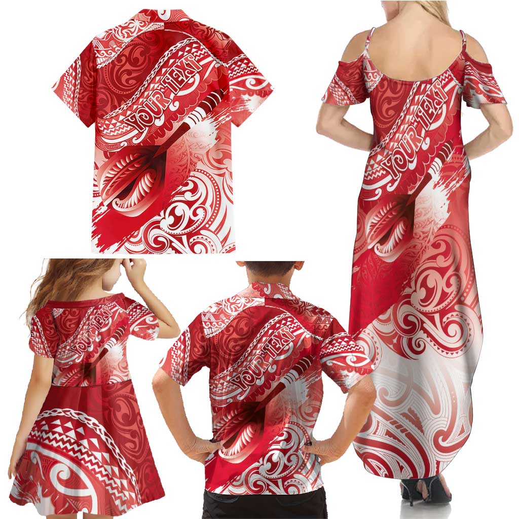 Personalised New Zealand Aotearoa Darts Masters Family Matching Summer Maxi Dress and Hawaiian Shirt Maori Art Tattoo with Tribal Dart Symbol Red LT03 - Polynesian Pride