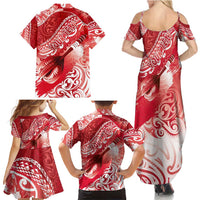 Personalised New Zealand Aotearoa Darts Masters Family Matching Summer Maxi Dress and Hawaiian Shirt Maori Art Tattoo with Tribal Dart Symbol Red LT03 - Polynesian Pride