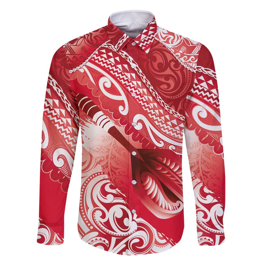 Personalised New Zealand Aotearoa Darts Masters Family Matching Tank Maxi Dress and Hawaiian Shirt Maori Art Tattoo with Tribal Dart Symbol Red LT03 Dad's Shirt - Long Sleeve Red - Polynesian Pride
