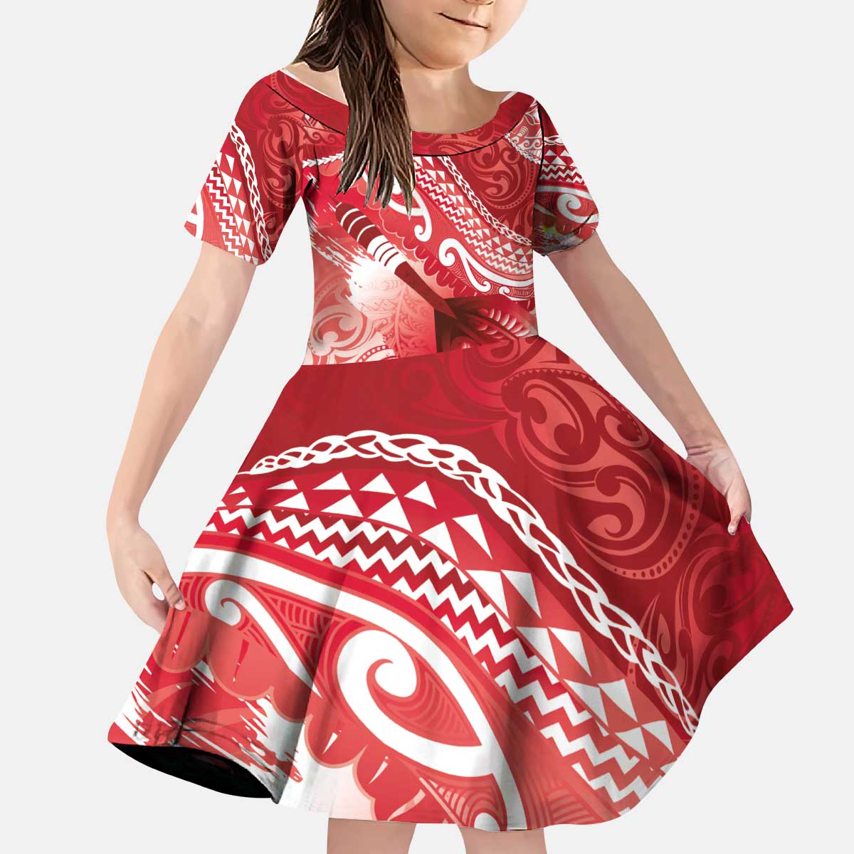 Personalised New Zealand Aotearoa Darts Masters Kid Short Sleeve Dress Maori Art Tattoo with Tribal Dart Symbol Red LT03 KID Red - Polynesian Pride