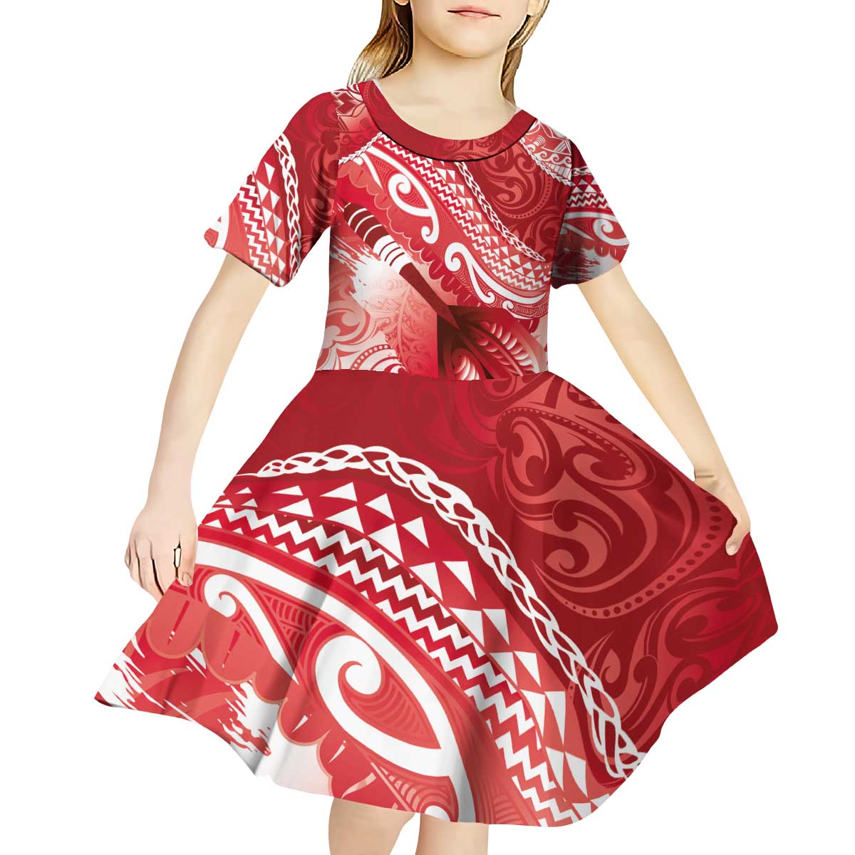 Personalised New Zealand Aotearoa Darts Masters Kid Short Sleeve Dress Maori Art Tattoo with Tribal Dart Symbol Red LT03 - Polynesian Pride