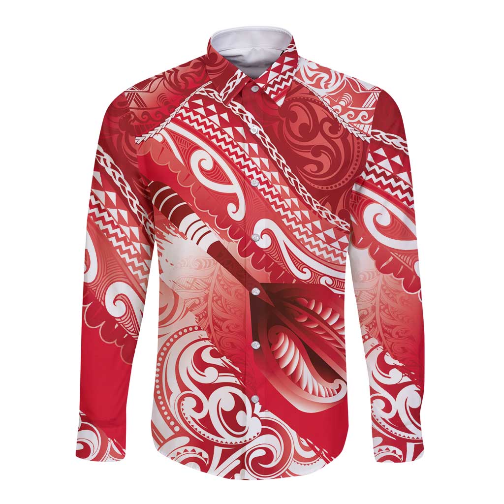 Personalised New Zealand Aotearoa Darts Masters Long Sleeve Button Shirt Maori Art Tattoo with Tribal Dart Symbol Red LT03 Unisex Red - Polynesian Pride