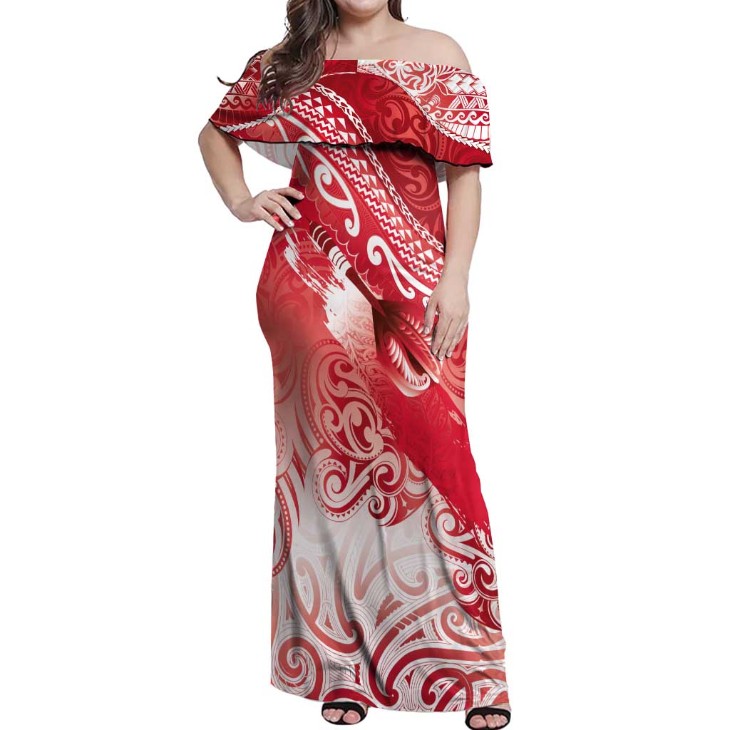 Personalised New Zealand Aotearoa Darts Masters Off Shoulder Maxi Dress Maori Art Tattoo with Tribal Dart Symbol Red LT03 Women Red - Polynesian Pride