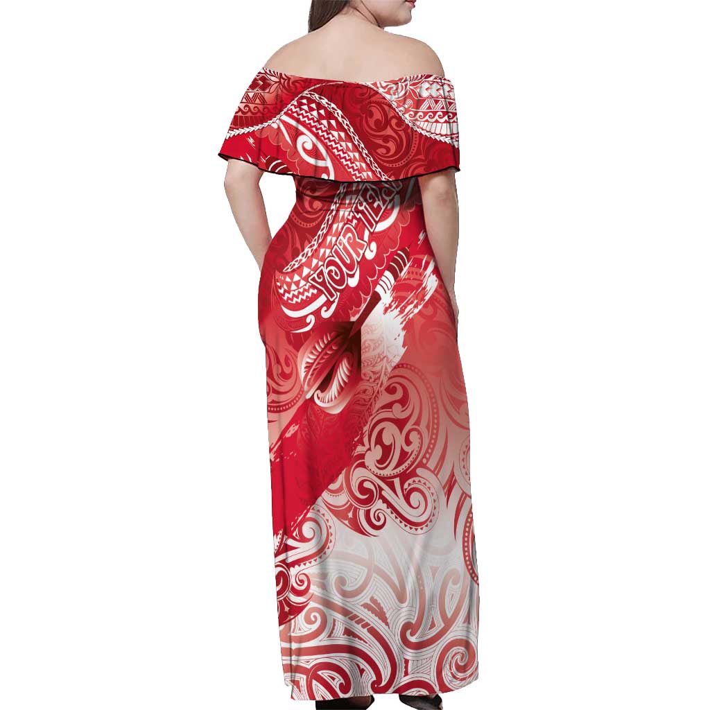 Personalised New Zealand Aotearoa Darts Masters Off Shoulder Maxi Dress Maori Art Tattoo with Tribal Dart Symbol Red LT03 - Polynesian Pride