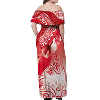 Personalised New Zealand Aotearoa Darts Masters Off Shoulder Maxi Dress Maori Art Tattoo with Tribal Dart Symbol Red LT03 - Polynesian Pride
