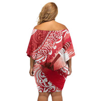 Personalised New Zealand Aotearoa Darts Masters Off Shoulder Short Dress Maori Art Tattoo with Tribal Dart Symbol Red LT03 - Polynesian Pride