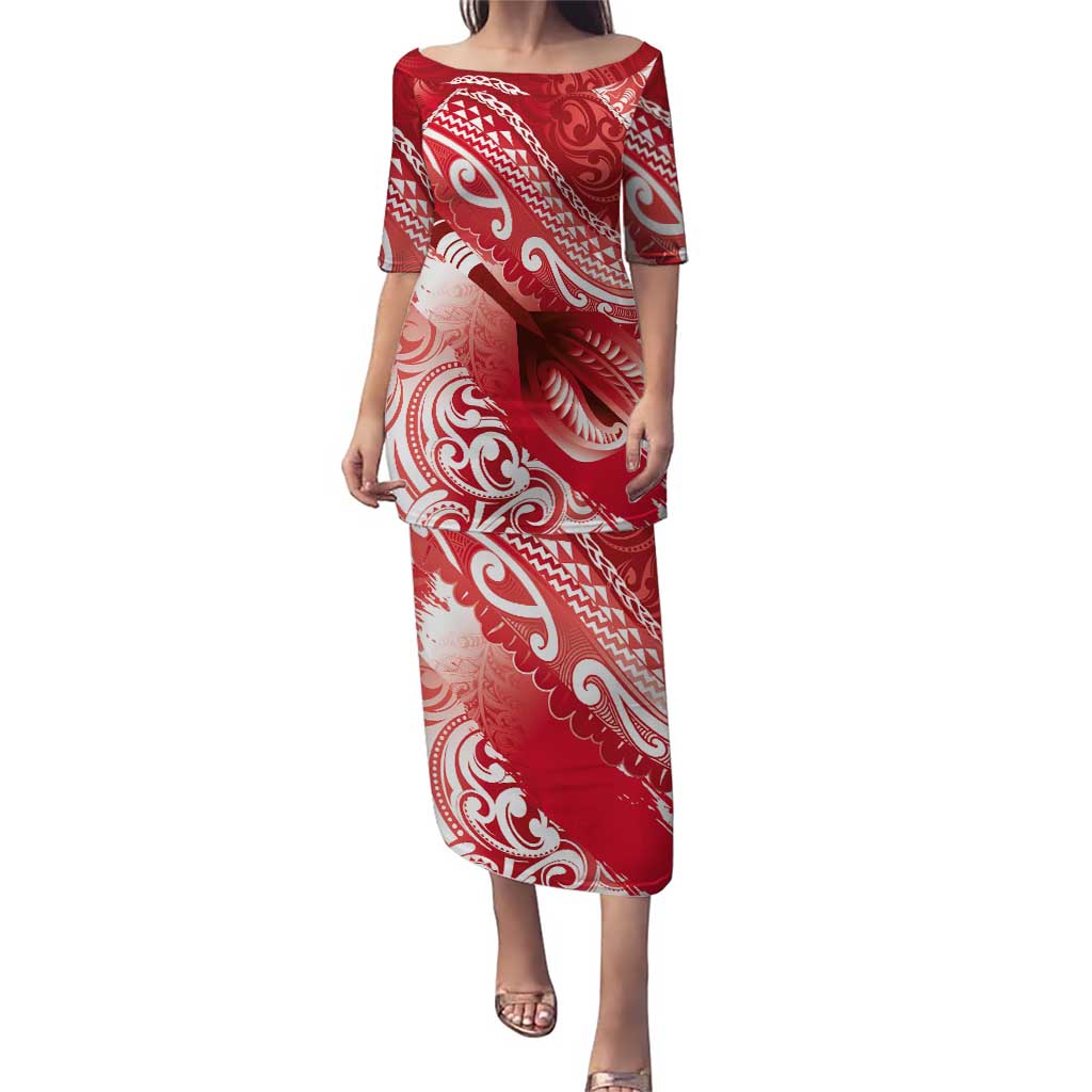 Personalised New Zealand Aotearoa Darts Masters Puletasi Maori Art Tattoo with Tribal Dart Symbol Red LT03 Long Dress Red - Polynesian Pride