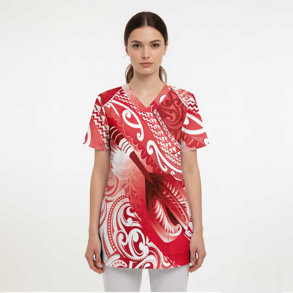 Personalised New Zealand Aotearoa Darts Masters Scrub Top Maori Art Tattoo with Tribal Dart Symbol Red - Polynesian Pride