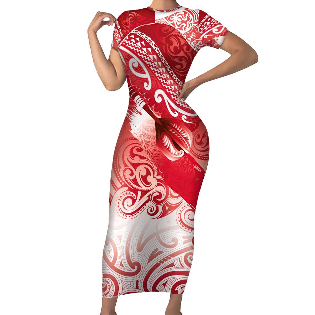 Personalised New Zealand Aotearoa Darts Masters Short Sleeve Bodycon Dress Maori Art Tattoo with Tribal Dart Symbol Red LT03 Long Dress Red - Polynesian Pride