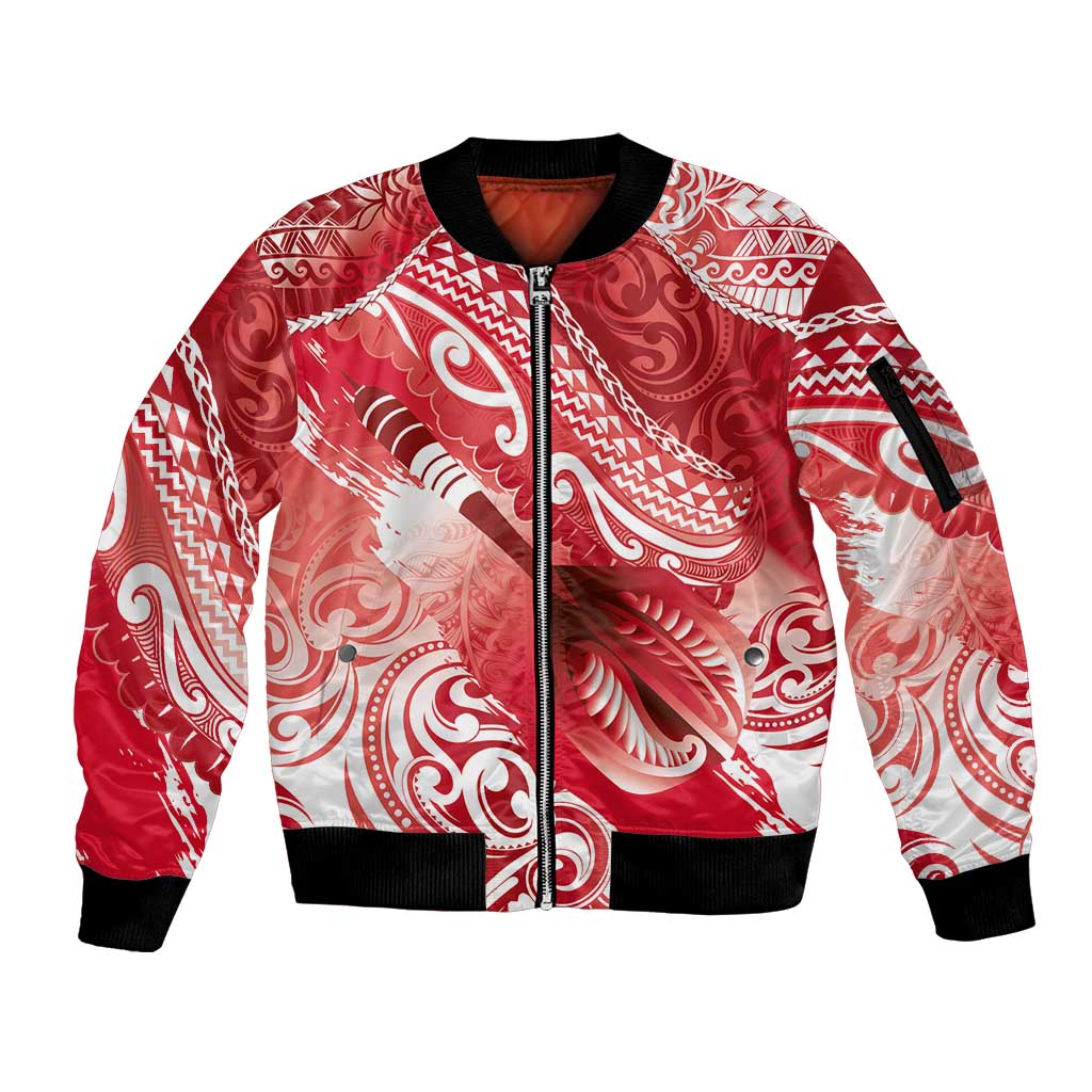 Personalised New Zealand Aotearoa Darts Masters Sleeve Zip Bomber Jacket Maori Art Tattoo with Tribal Dart Symbol Red LT03 Unisex Red - Polynesian Pride