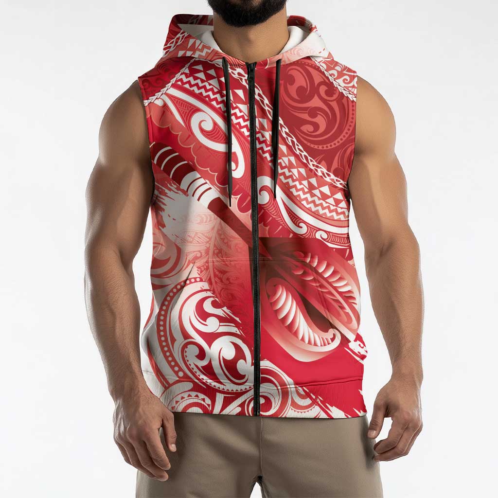Personalised New Zealand Aotearoa Darts Masters Sleeveless Zip Hoodie Maori Art Tattoo with Tribal Dart Symbol Red LT03 - Polynesian Pride