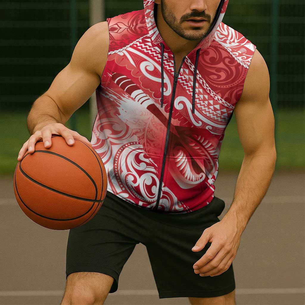 Personalised New Zealand Aotearoa Darts Masters Sleeveless Zip Hoodie Maori Art Tattoo with Tribal Dart Symbol Red LT03 - Polynesian Pride