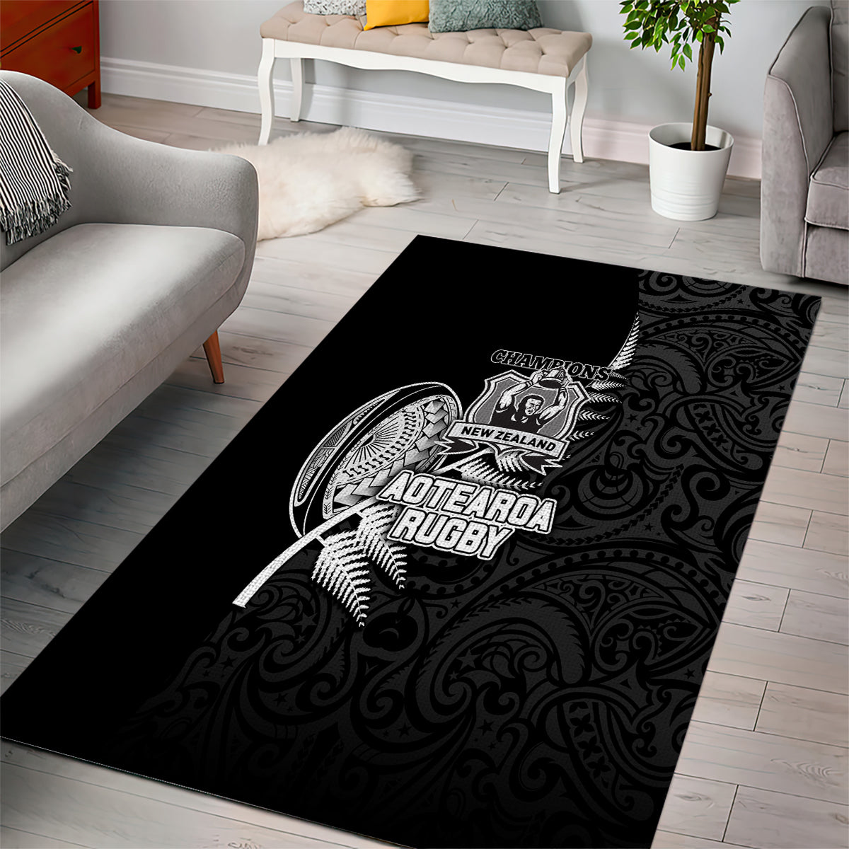 New Zealand World Cup 2023 Area Rug Aotearoa Champion Rugby with Silver Fern Maori Ethnic Pattern LT03 - Polynesian Pride