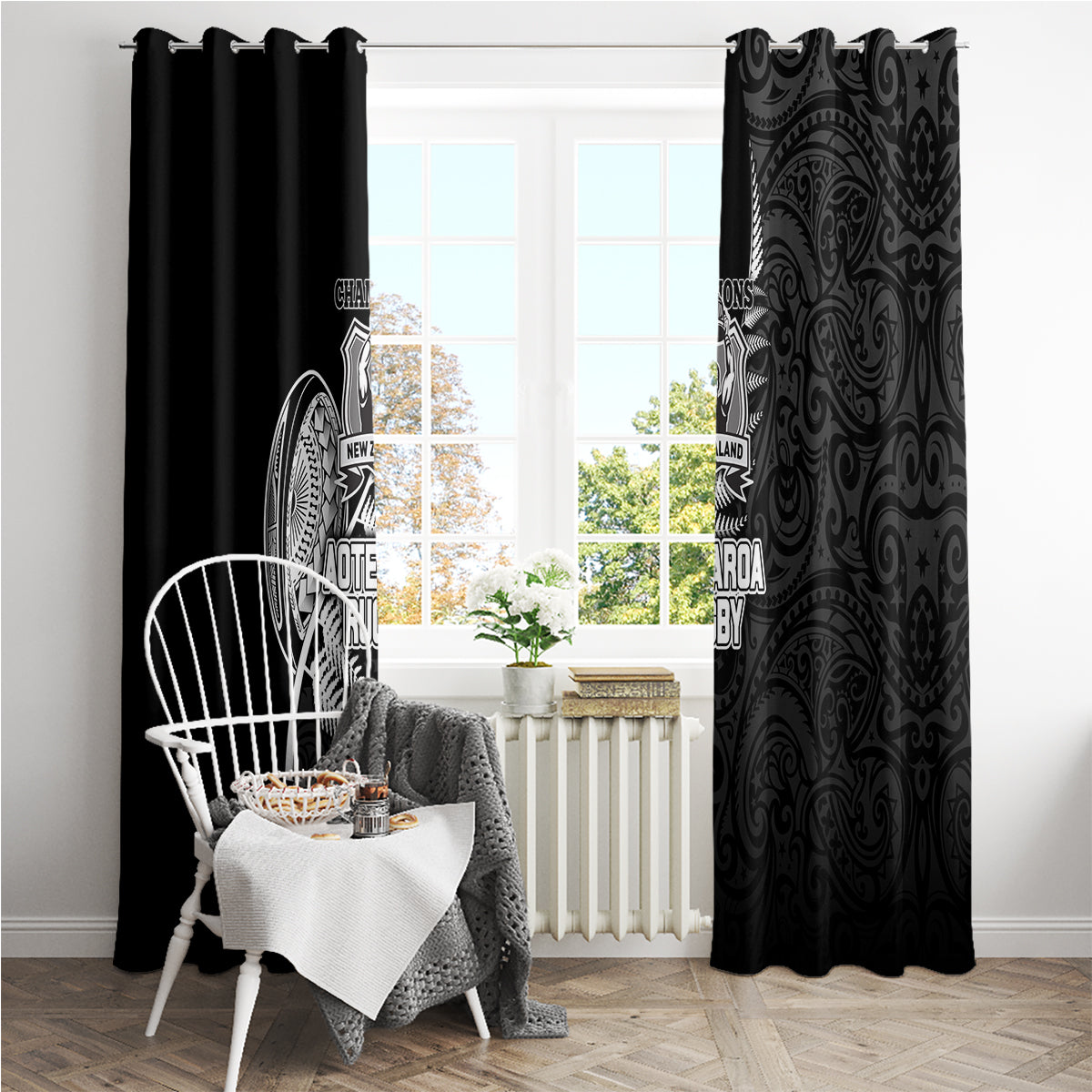 New Zealand World Cup 2023 Window Curtain Aotearoa Champion Rugby with Silver Fern Maori Ethnic Pattern LT03 - Polynesian Pride
