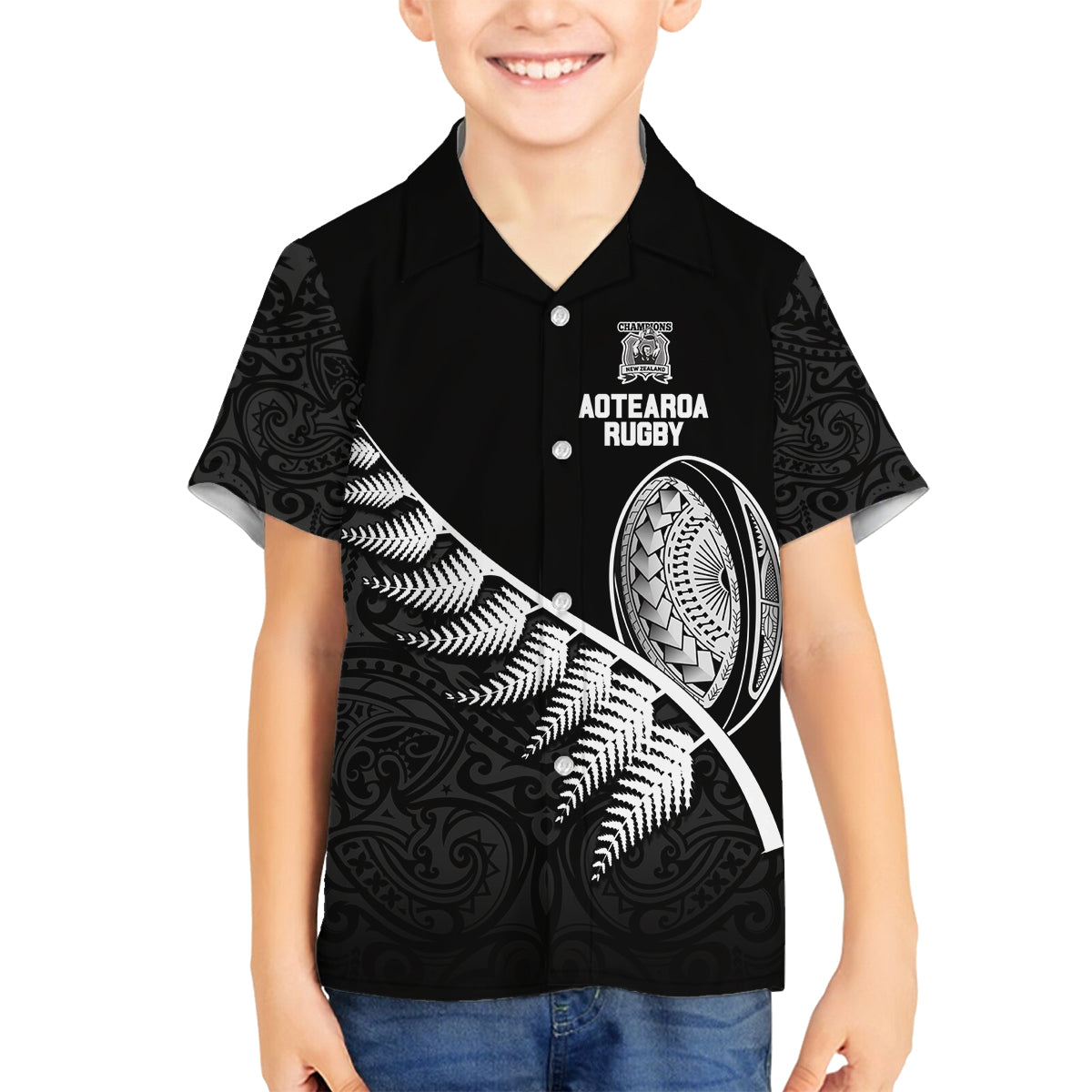 Custom New Zealand World Cup 2023 Family Matching Off Shoulder Maxi Dress and Hawaiian Shirt Aotearoa Champion Rugby with Silver Fern Maori Ethnic Pattern LT03 Son's Shirt Black - Polynesian Pride