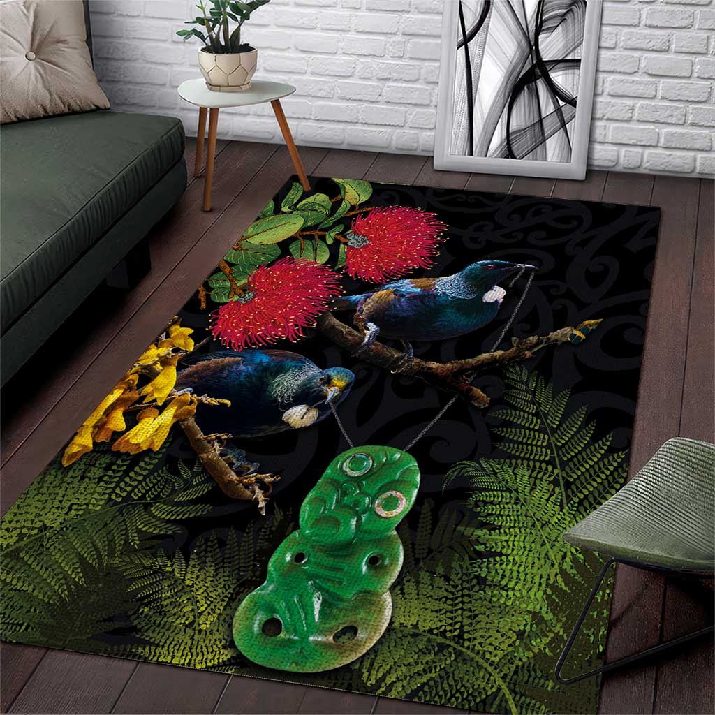 New Zealand Tui Area Rug Guardians of the Hei Tiki - Maori Art and Plants LT03 Black - Polynesian Pride