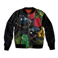 New Zealand Tui Bomber Jacket Guardians of the Hei Tiki - Maori Art and Plants LT03 Unisex Black - Polynesian Pride
