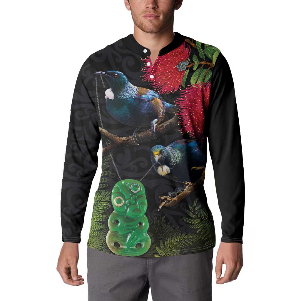 New Zealand Tui Button Sweatshirt Guardians of the Hei Tiki - Maori Art and Plants LT03 - Polynesian Pride