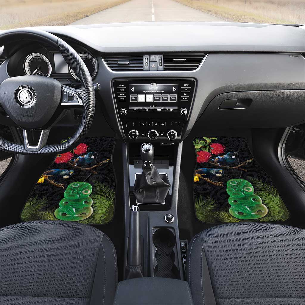 New Zealand Tui Car Mats Guardians of the Hei Tiki - Maori Art and Plants LT03 Set 2pcs - Front Black - Polynesian Pride