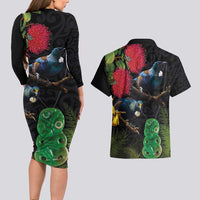 New Zealand Tui Couples Matching Long Sleeve Bodycon Dress and Hawaiian Shirt Guardians of the Hei Tiki - Maori Art and Plants LT03 - Polynesian Pride
