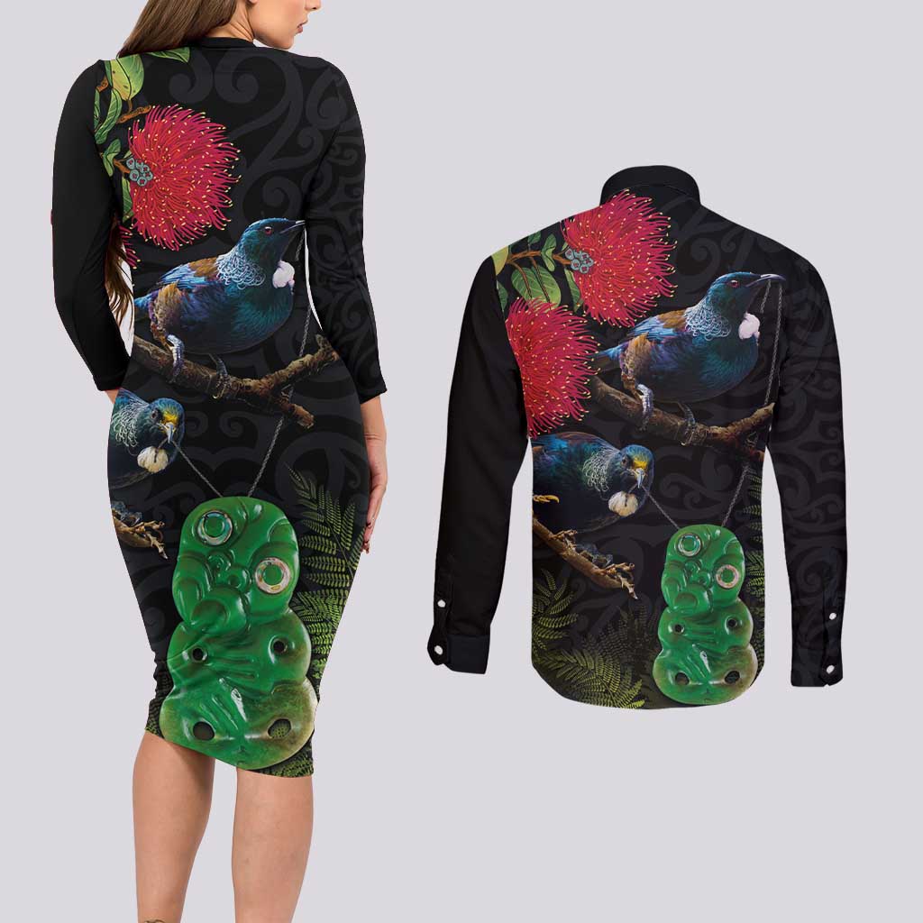 New Zealand Tui Couples Matching Long Sleeve Bodycon Dress and Long Sleeve Button Shirt Guardians of the Hei Tiki - Maori Art and Plants LT03 - Polynesian Pride