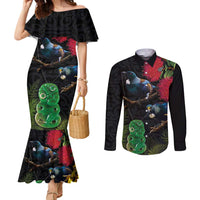New Zealand Tui Couples Matching Mermaid Dress and Long Sleeve Button Shirt Guardians of the Hei Tiki - Maori Art and Plants LT03 Black - Polynesian Pride