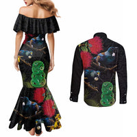 New Zealand Tui Couples Matching Mermaid Dress and Long Sleeve Button Shirt Guardians of the Hei Tiki - Maori Art and Plants LT03 - Polynesian Pride