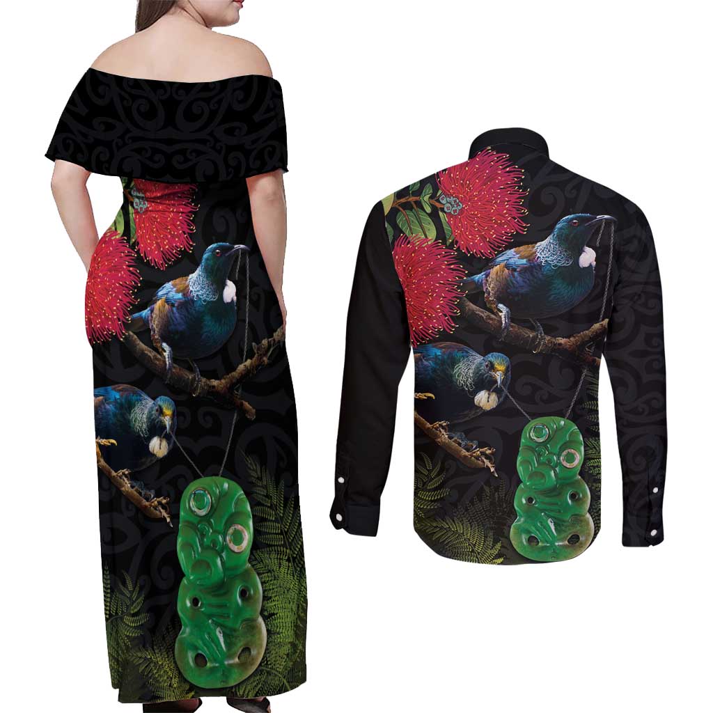 New Zealand Tui Couples Matching Off Shoulder Maxi Dress and Long Sleeve Button Shirt Guardians of the Hei Tiki - Maori Art and Plants LT03 - Polynesian Pride