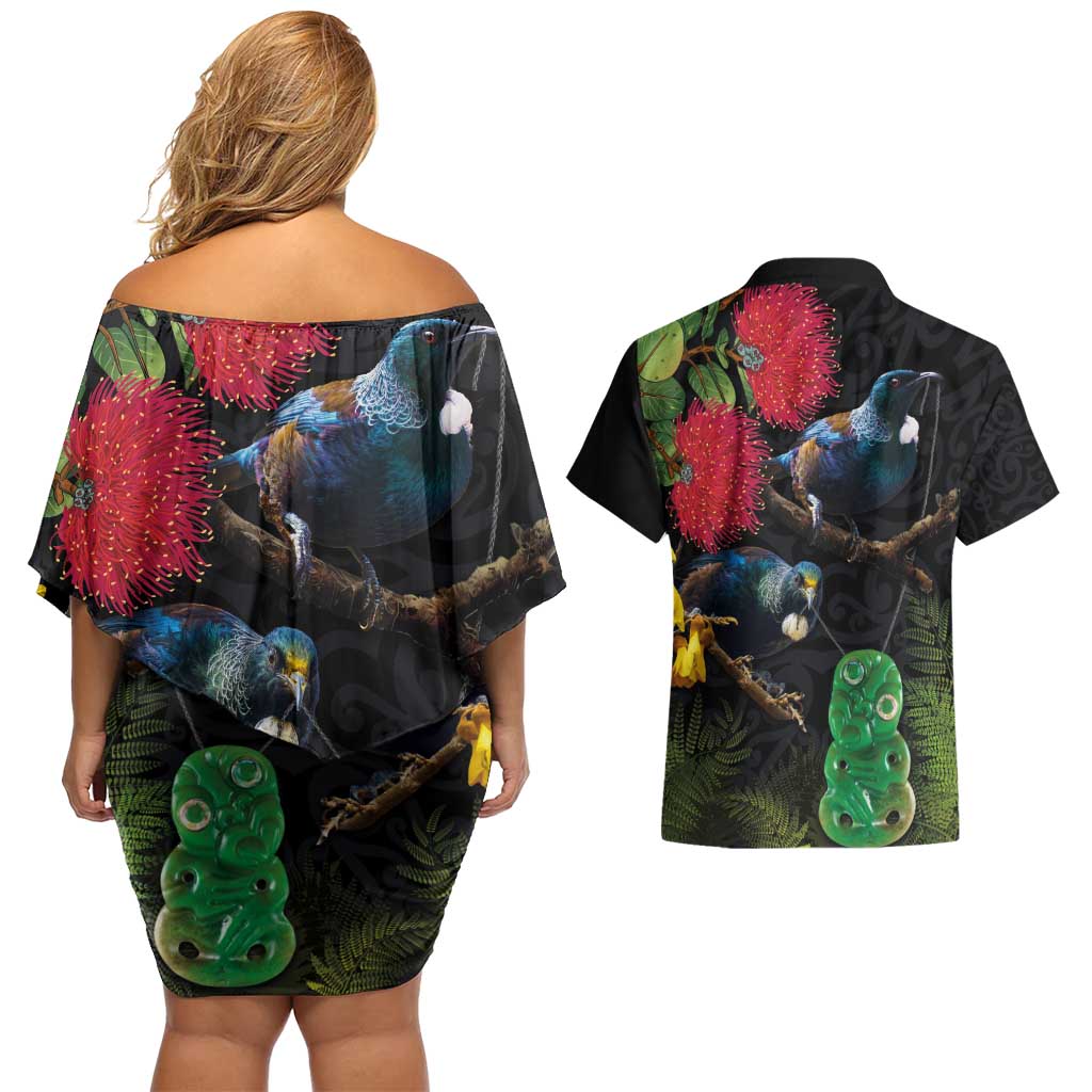 New Zealand Tui Couples Matching Off Shoulder Short Dress and Hawaiian Shirt Guardians of the Hei Tiki - Maori Art and Plants LT03 - Polynesian Pride