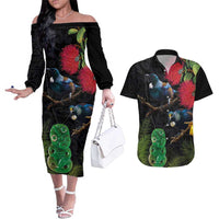 New Zealand Tui Couples Matching Off The Shoulder Long Sleeve Dress and Hawaiian Shirt Guardians of the Hei Tiki - Maori Art and Plants LT03 Black - Polynesian Pride