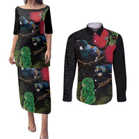 New Zealand Tui Couples Matching Puletasi and Long Sleeve Button Shirt Guardians of the Hei Tiki - Maori Art and Plants LT03 Black - Polynesian Pride