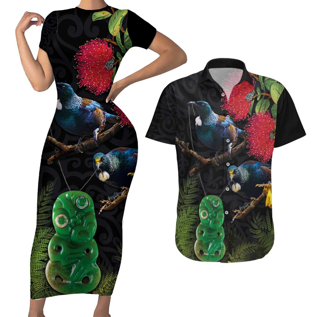 New Zealand Tui Couples Matching Short Sleeve Bodycon Dress and Hawaiian Shirt Guardians of the Hei Tiki - Maori Art and Plants LT03 Black - Polynesian Pride
