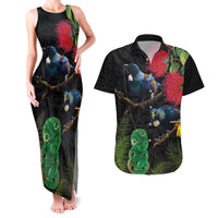 New Zealand Tui Couples Matching Tank Maxi Dress and Hawaiian Shirt Guardians of the Hei Tiki - Maori Art and Plants LT03 Black - Polynesian Pride