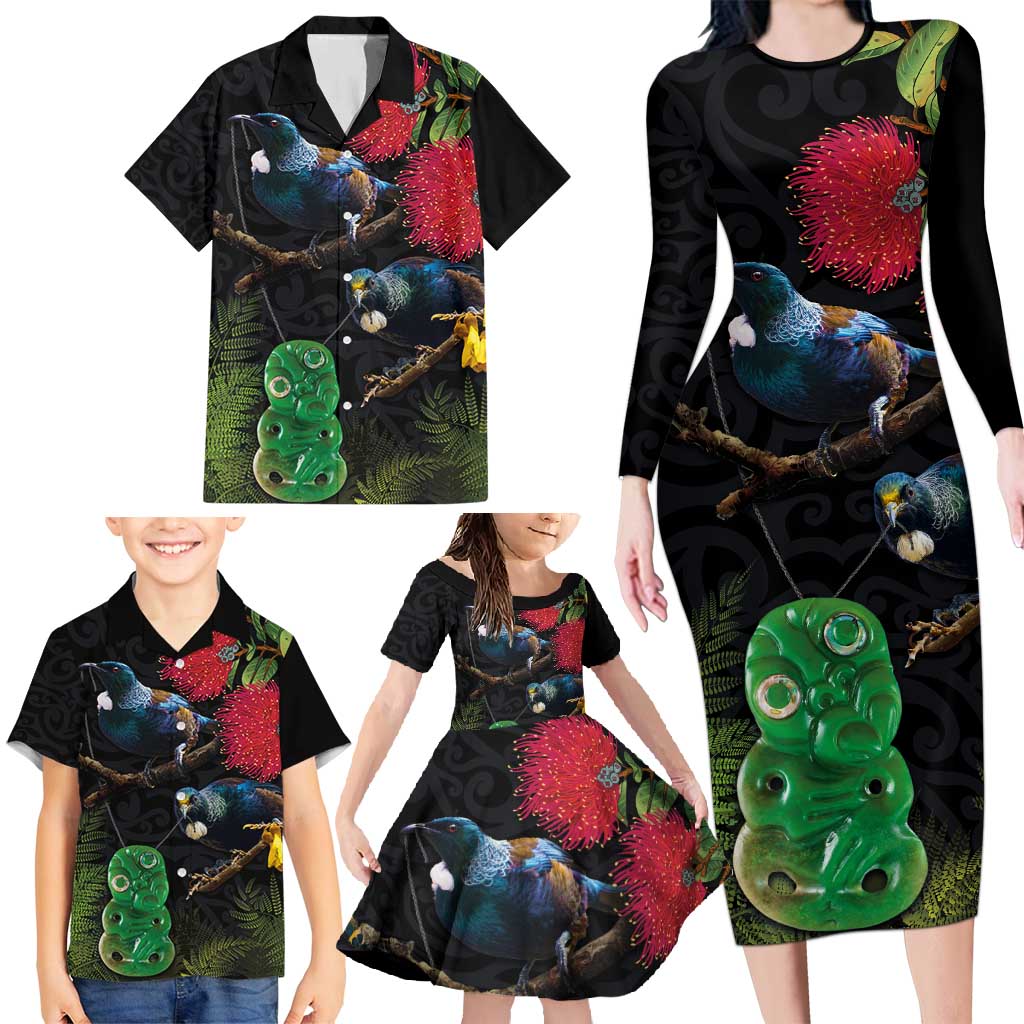 New Zealand Tui Family Matching Long Sleeve Bodycon Dress and Hawaiian Shirt Guardians of the Hei Tiki - Maori Art and Plants LT03 - Polynesian Pride