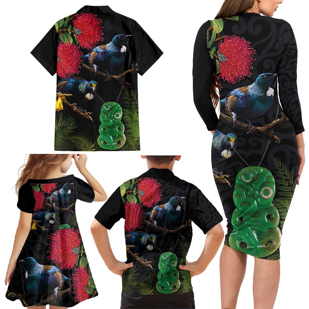 New Zealand Tui Family Matching Long Sleeve Bodycon Dress and Hawaiian Shirt Guardians of the Hei Tiki - Maori Art and Plants LT03 - Polynesian Pride