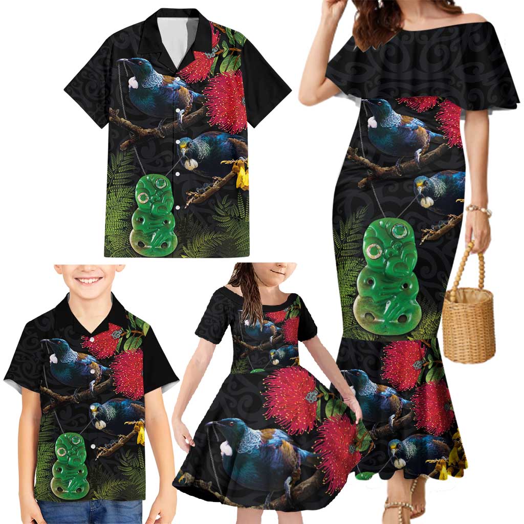 New Zealand Tui Family Matching Mermaid Dress and Hawaiian Shirt Guardians of the Hei Tiki - Maori Art and Plants LT03 - Polynesian Pride
