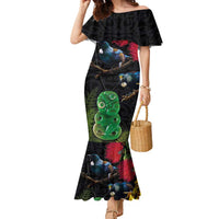 New Zealand Tui Family Matching Mermaid Dress and Hawaiian Shirt Guardians of the Hei Tiki - Maori Art and Plants LT03 Mom's Dress Black - Polynesian Pride