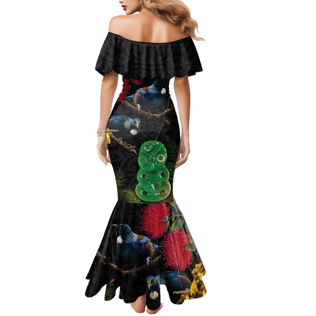 New Zealand Tui Family Matching Mermaid Dress and Hawaiian Shirt Guardians of the Hei Tiki - Maori Art and Plants LT03 - Polynesian Pride